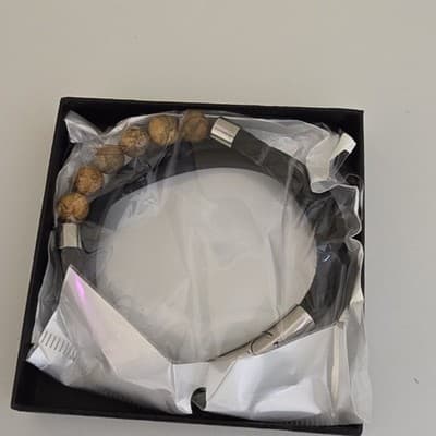 HZMAN Men's Beaded Braided Leather Bracelet, Magnetic, Black Brown Silver - Thumbnail 2