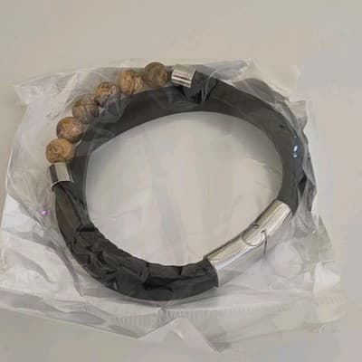 HZMAN Men's Beaded Braided Leather Bracelet, Magnetic, Black Brown Silver