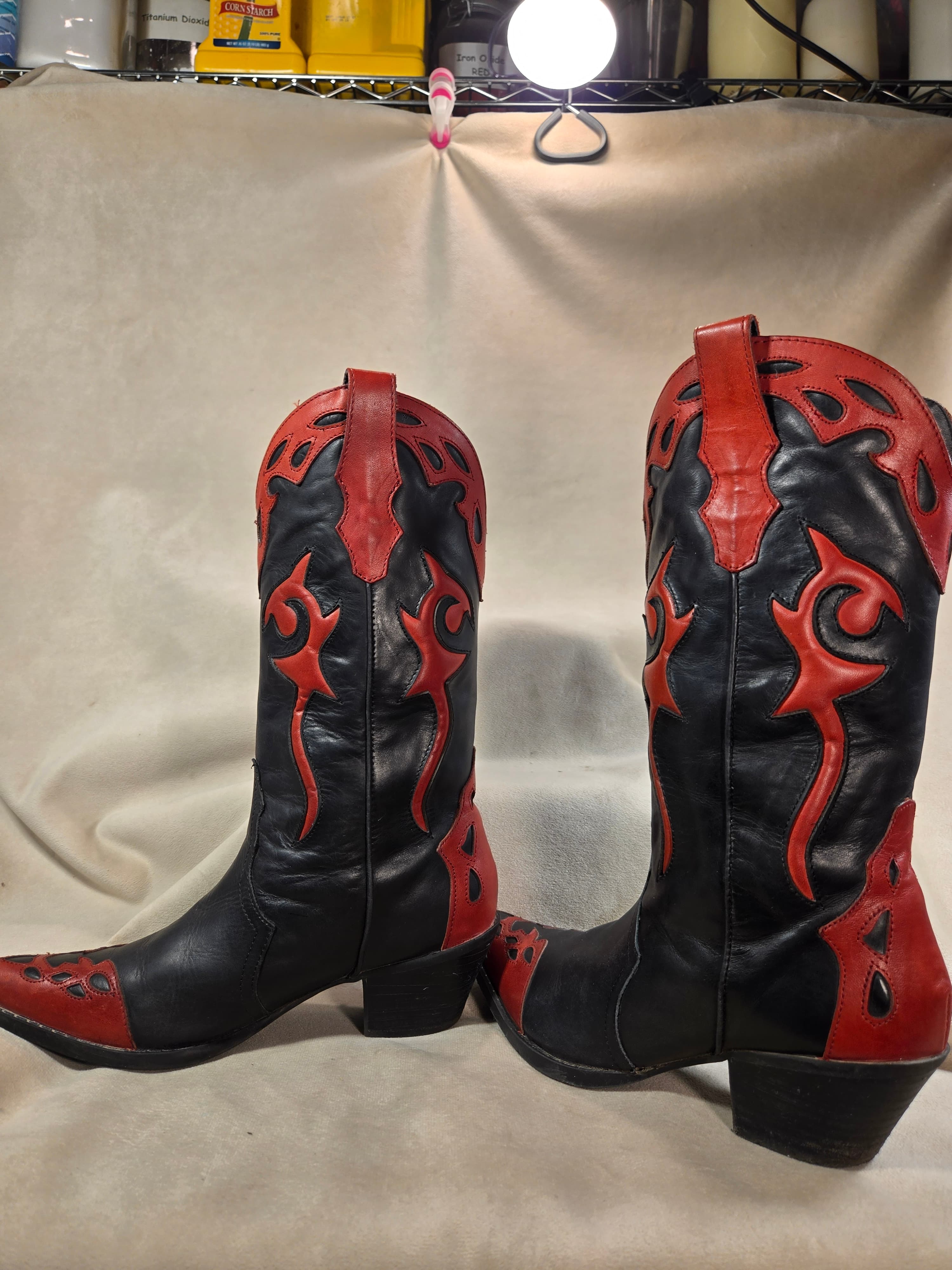 Reba McEntire Black & Red Leather Cowboy Boots - Flame Overlays - Thumbnail 3