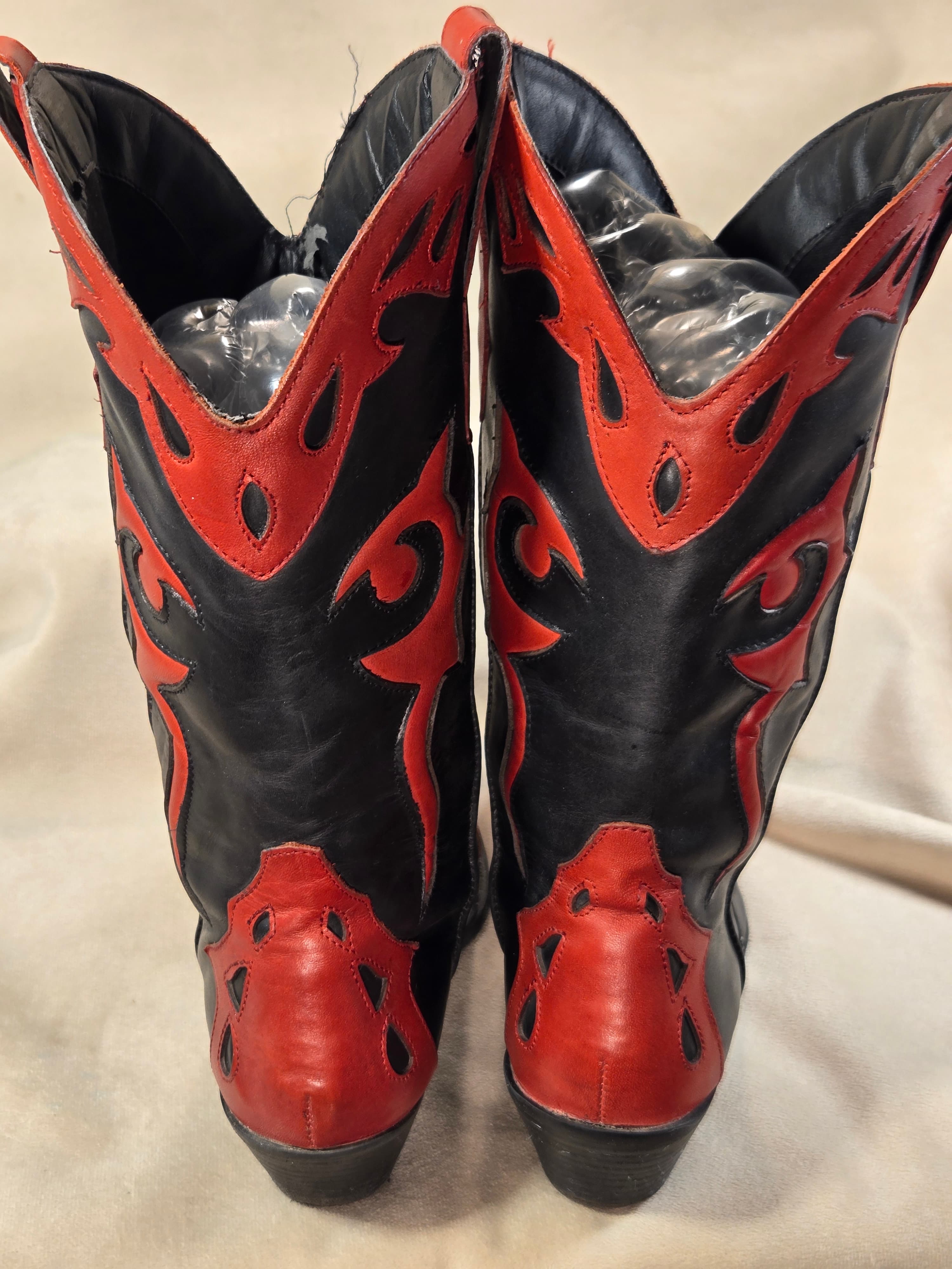 Reba McEntire Black & Red Leather Cowboy Boots - Flame Overlays - Thumbnail 7