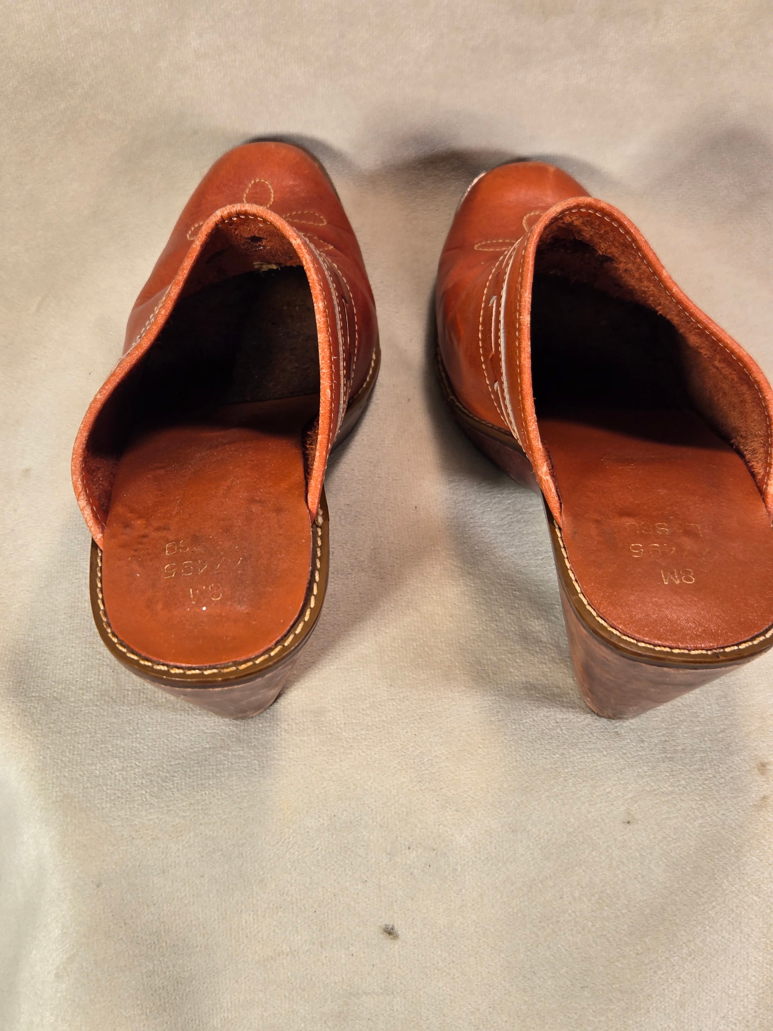 Vintage Brown Leather Clogs with Embroidered Detail - Thumbnail 4