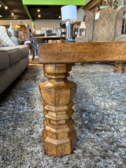 Large Wooden Coffee Table with Black Iron and Glass Top - Thumbnail 2