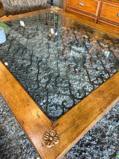 Large Wooden Coffee Table with Black Iron and Glass Top - Thumbnail 3