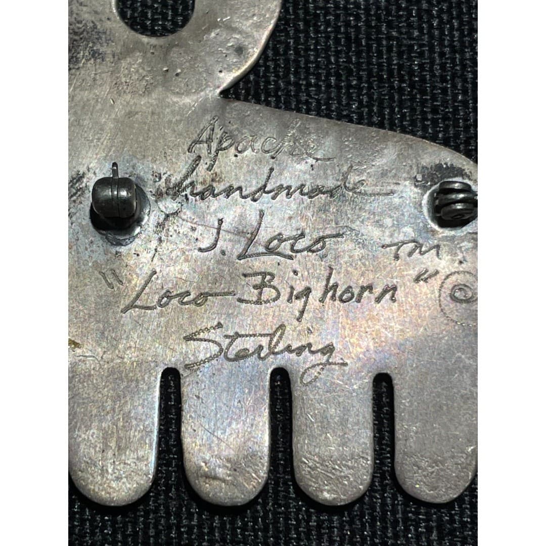 Jan Loco Apache Handmade Signed Sterling Silver Loco Bighorn Brooch Vintage - Thumbnail 3