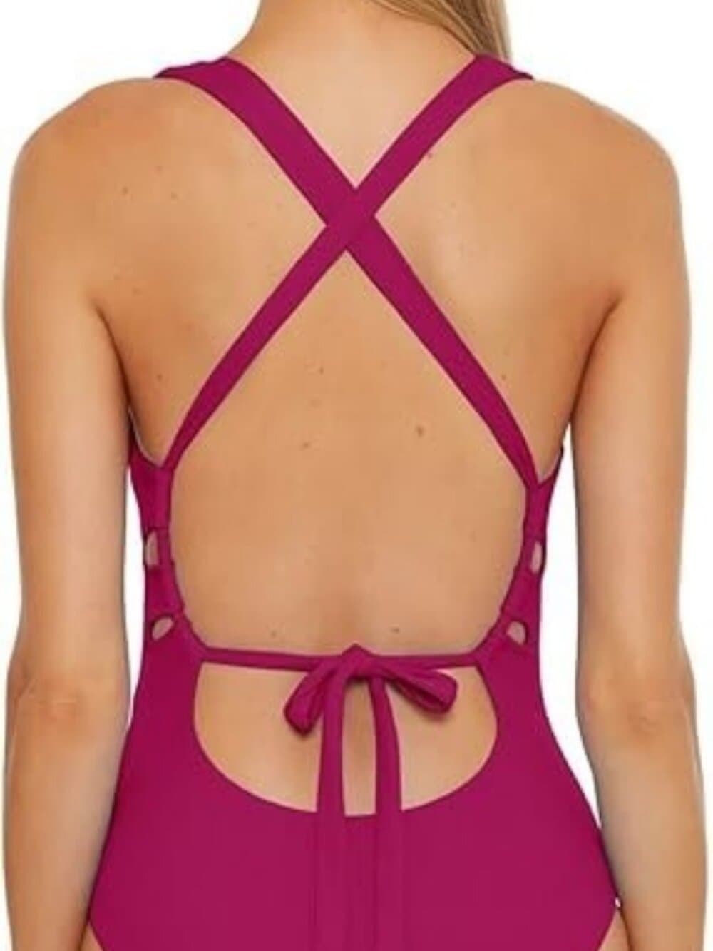 Becca by Rebecca Virtue Fine Line Rib Skylar Plunge One-Piece Pomegranate Sz M - Thumbnail 3