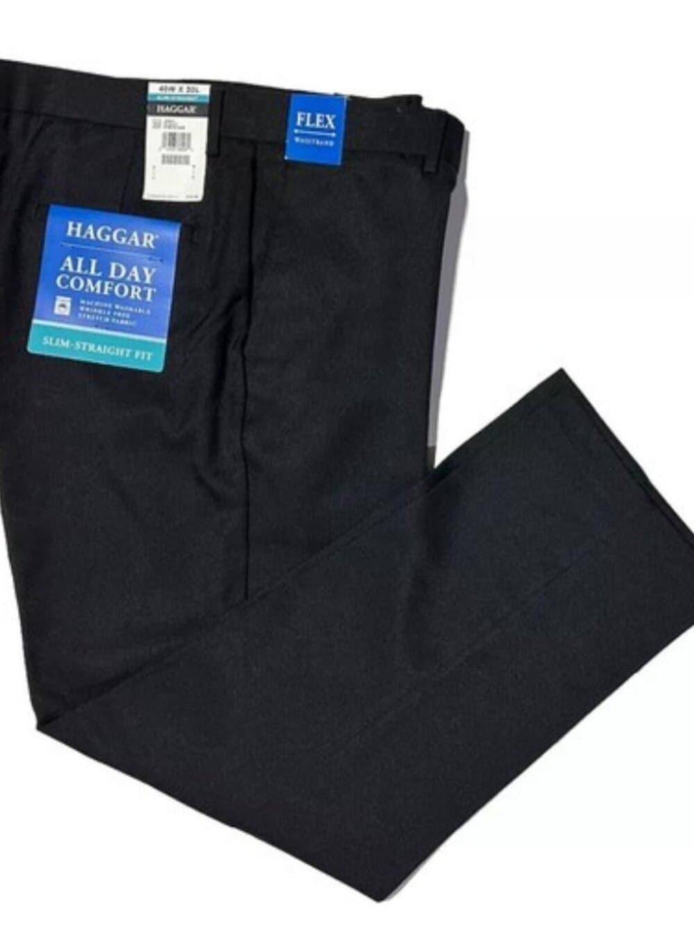 HAGGAR Dress Pants Mens 44X32 Black Flat Front Slim Straight Stretch No Wrinkle - Thumbnail 5