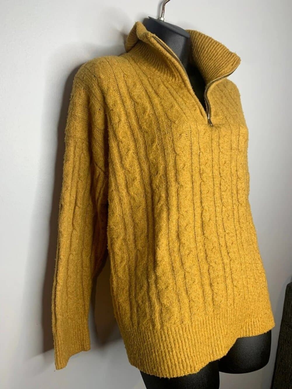 Olive + Oak Women's Mock Neck 3/4 Zip Cable knit Mustard Sweater XL - Thumbnail 2