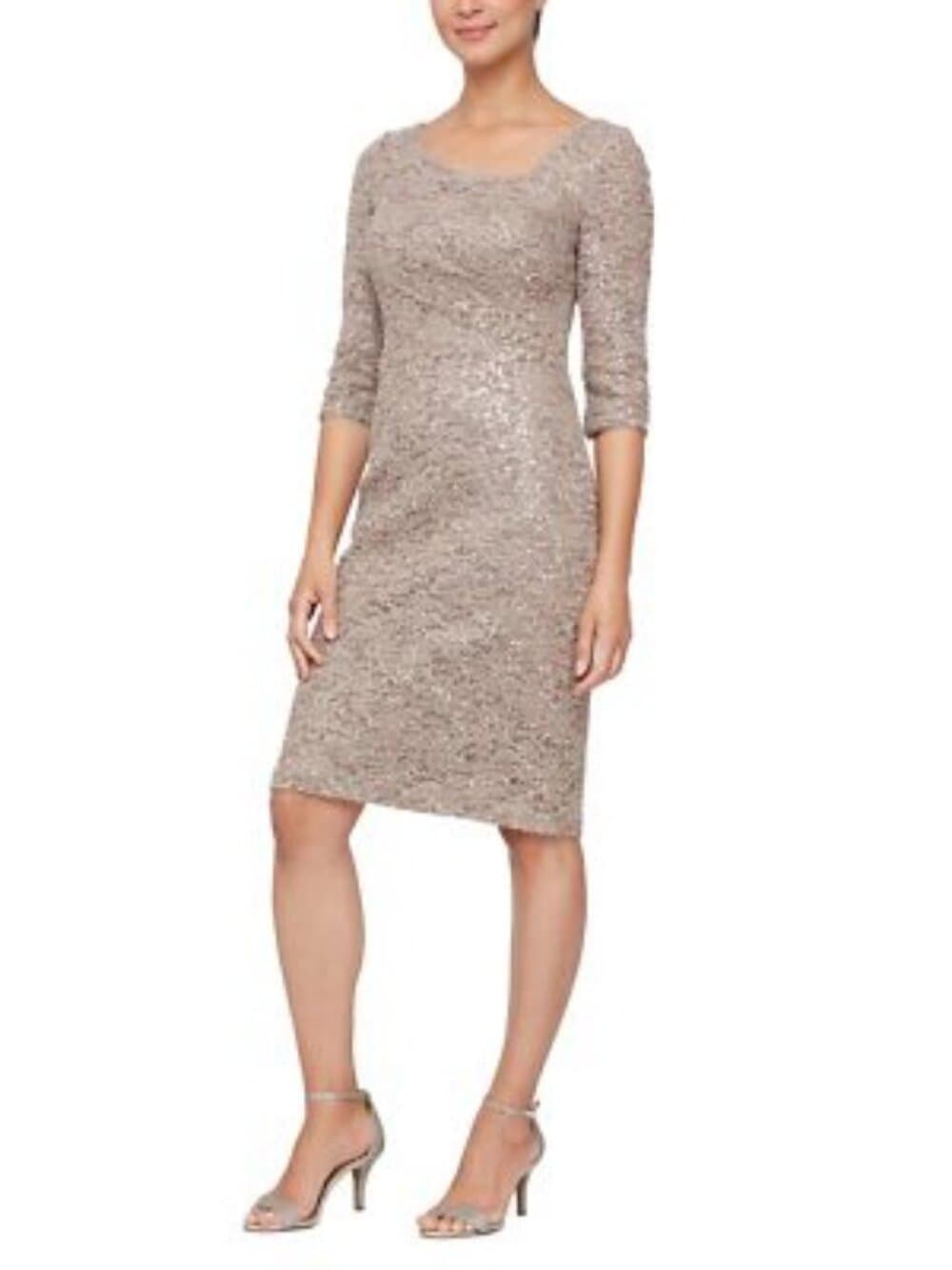 Lace Sequin Sheath Dress Champagne Bronze Cocktail Party Elegant - Thumbnail 3