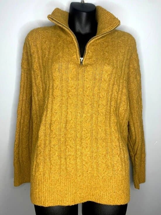Olive + Oak Women's Mock Neck 3/4 Zip Cable knit Mustard Sweater XL - Thumbnail 5