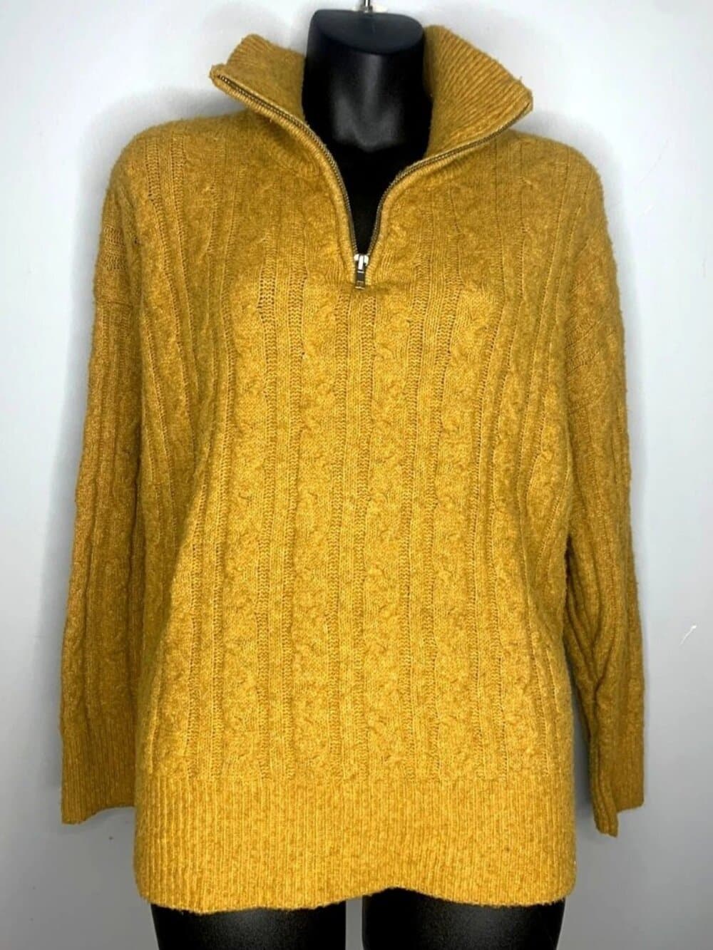 Olive + Oak Women's Mock Neck 3/4 Zip Cable knit Mustard Sweater XL - Thumbnail 4