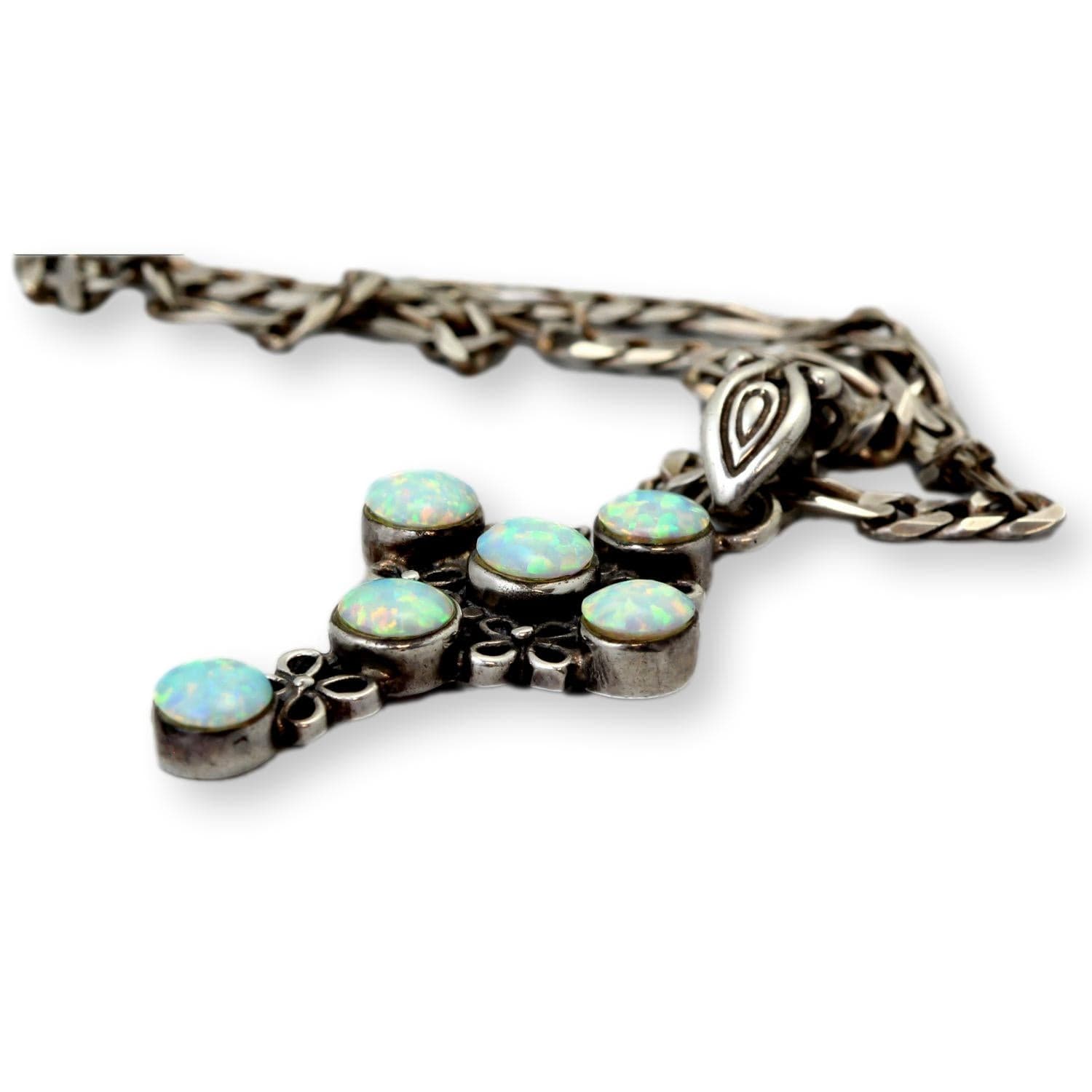 Vintage Sterling Silver White Created-Opal Cross Pendant & Chain - 16 in - Thumbnail 2