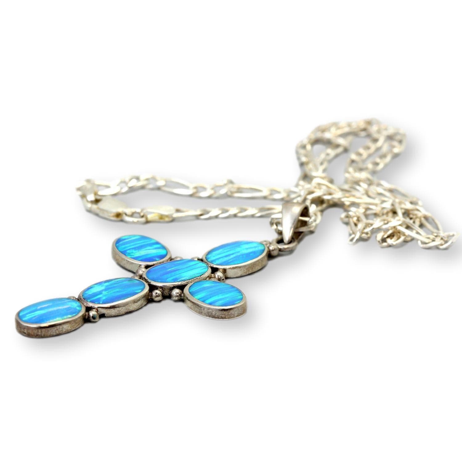 Vintage Sterling Silver Blue Created Opal Cross Pendant & 18" Chain - 18 in - Thumbnail 2