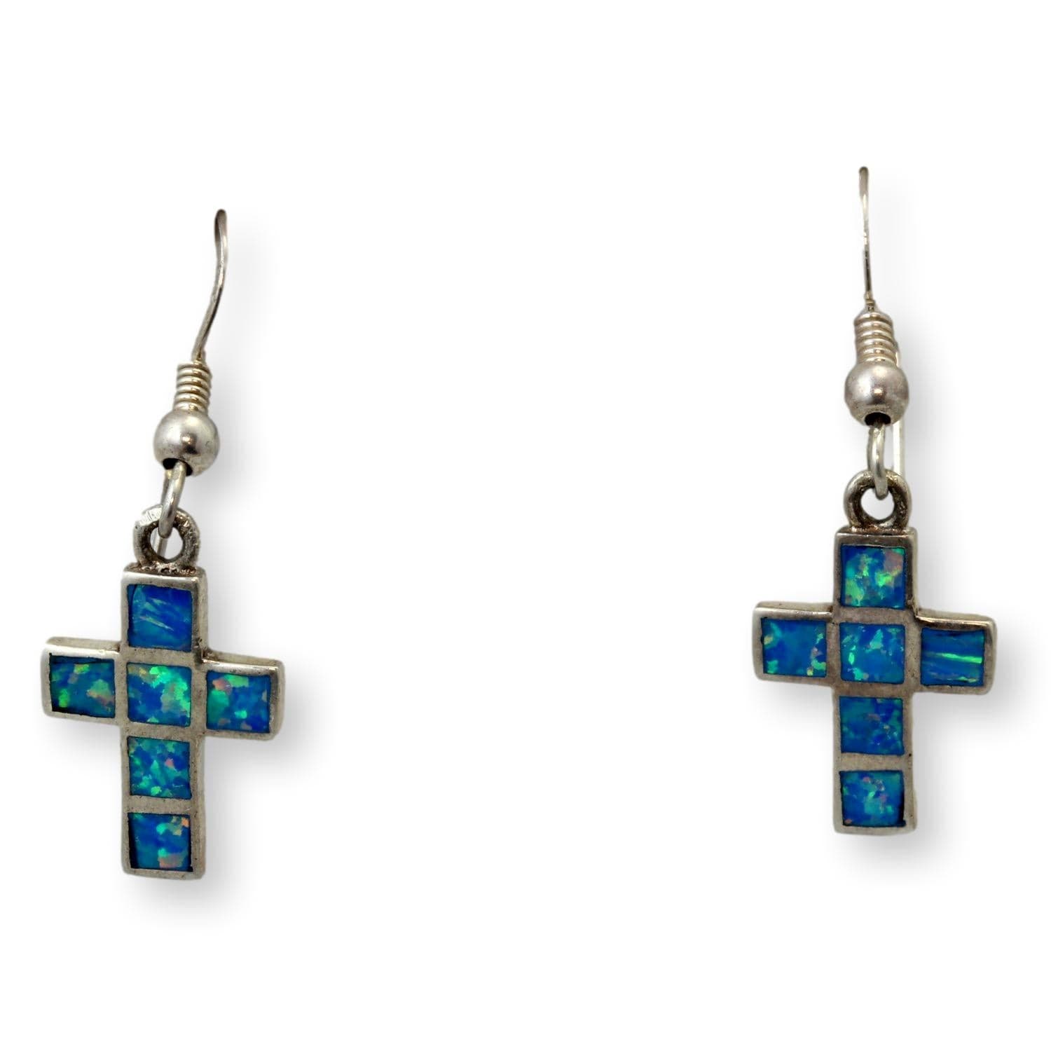 Sterling Silver Blue Created-Opal Inlay Cross Dangle Earrings - 1.25 in - Thumbnail 2