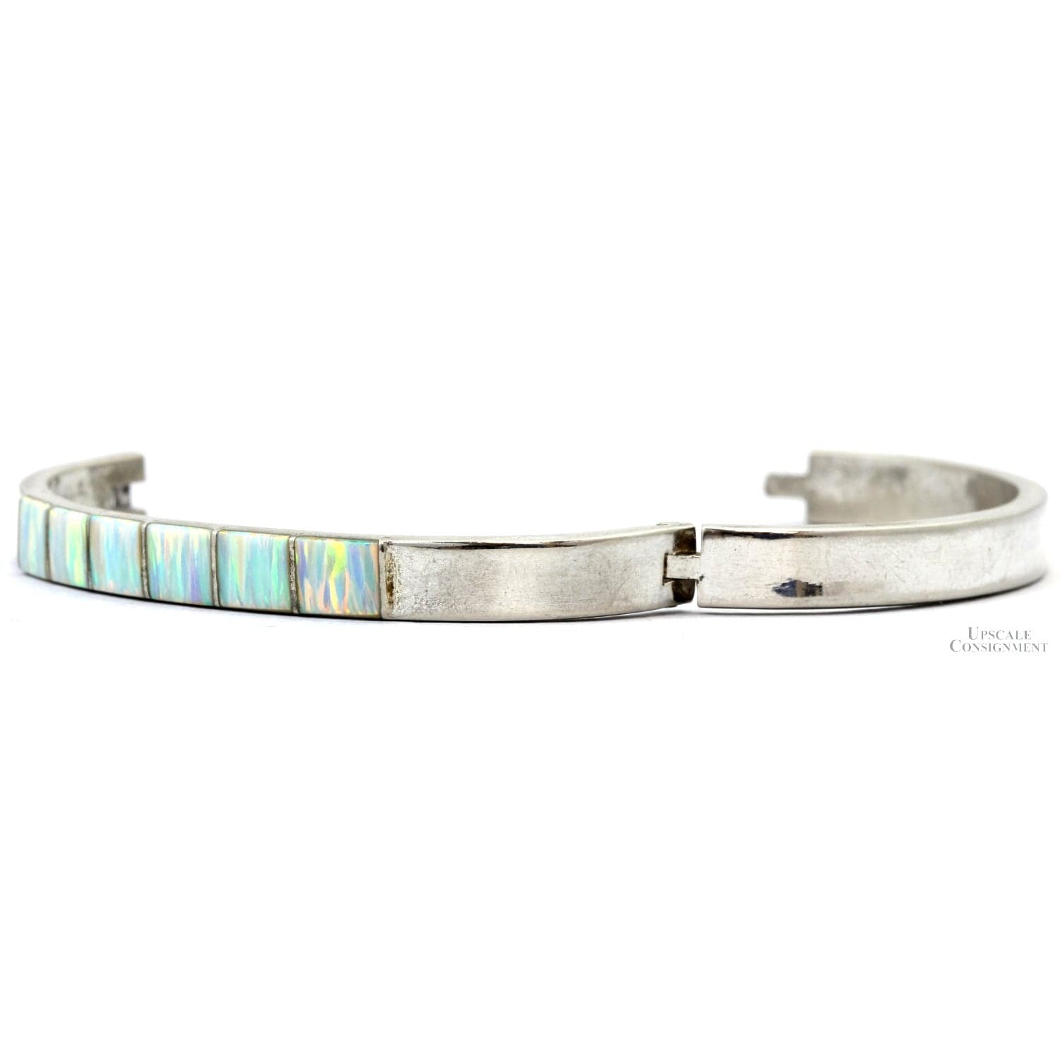 Vintage Sterling Silver White Opal Inlay Hinged Bangle - Size 6.75 - Thumbnail 2