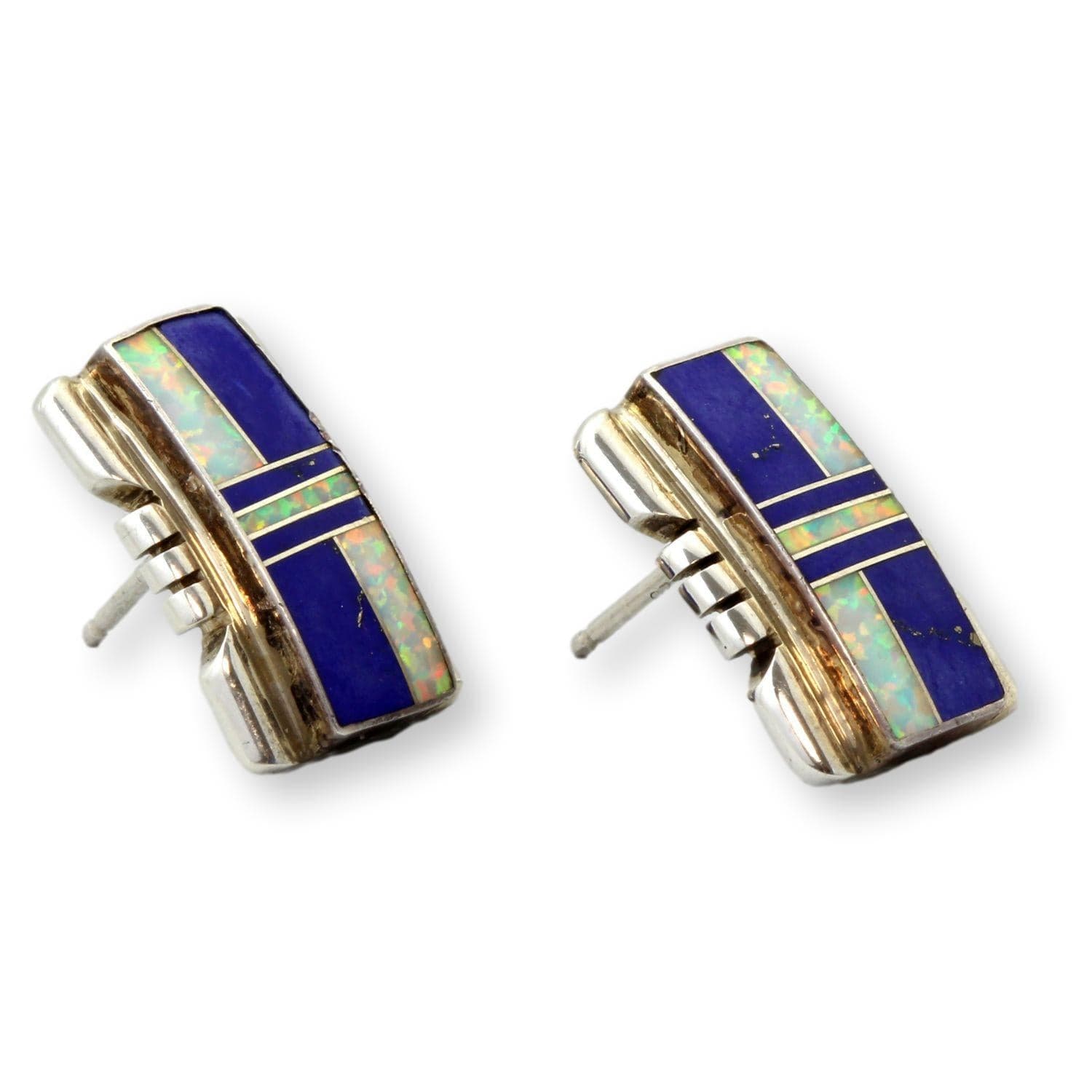 Sterling Silver Blue Lapis & White Opal Inlay Earrings - .6875"(l) - Thumbnail 3
