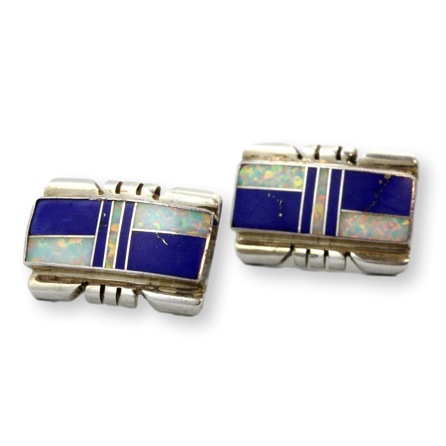 Sterling Silver Blue Lapis & White Opal Inlay Earrings - .6875"(l) - Thumbnail 2