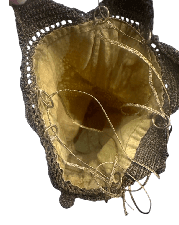 Late Edwardian to Flapper Era Bronze Colored Antique Hand-crocheted Metallic Gimp or Lurex Crochet Reticule with Gold/Mustard Lining - Thumbnail 4