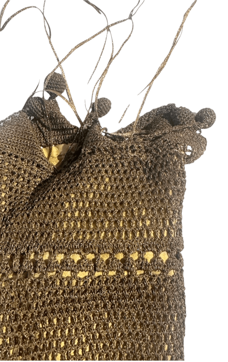 Late Edwardian to Flapper Era Bronze Colored Antique Hand-crocheted Metallic Gimp or Lurex Crochet Reticule with Gold/Mustard Lining - Thumbnail 2