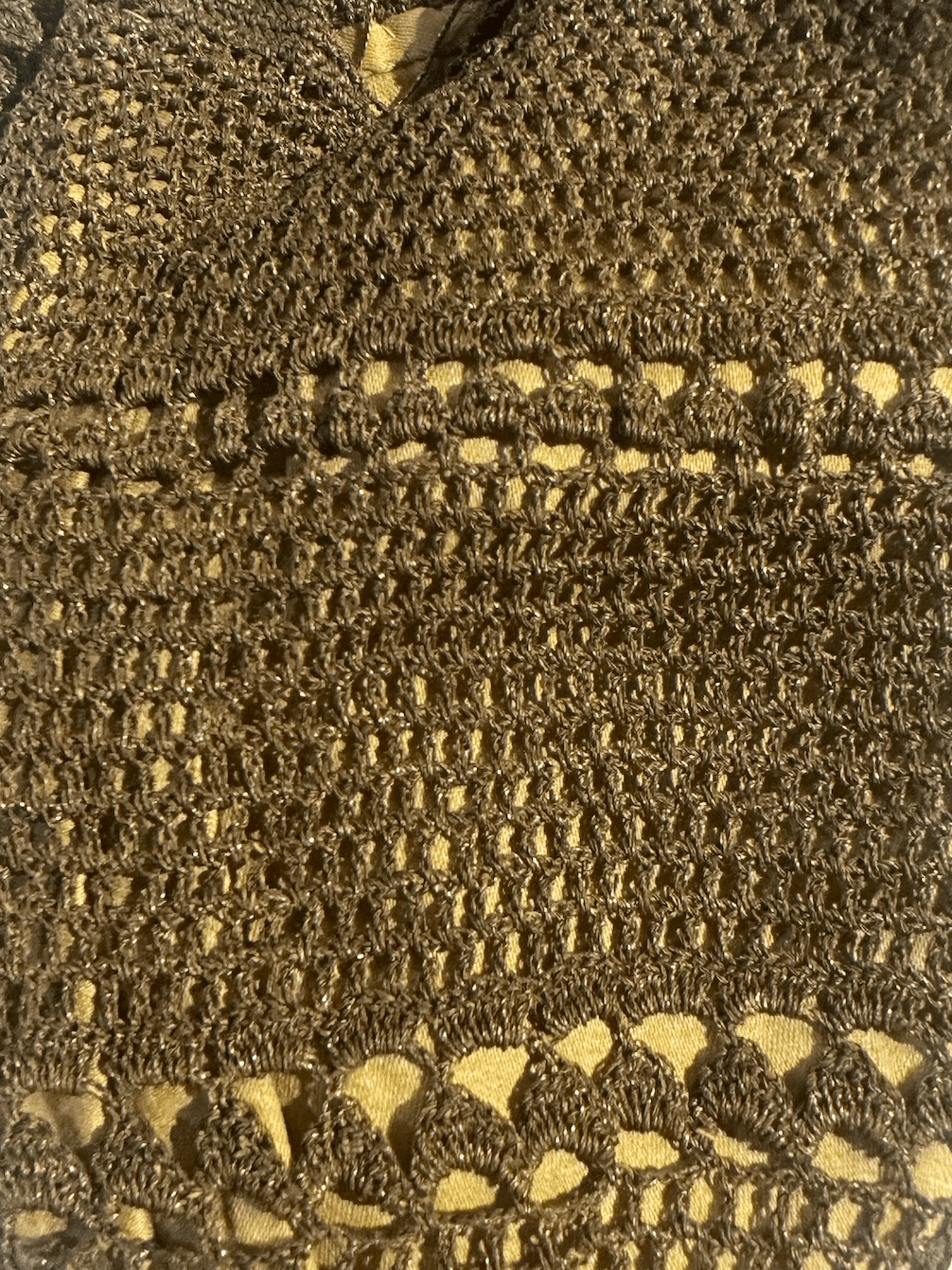 Late Edwardian to Flapper Era Bronze Colored Antique Hand-crocheted Metallic Gimp or Lurex Crochet Reticule with Gold/Mustard Lining - Thumbnail 3