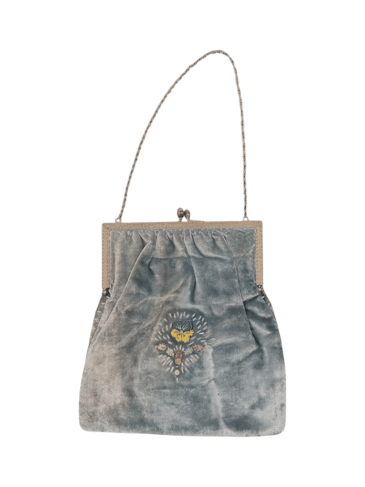 Antique 1920s/30s French Cornflower Blue Silk Velvet Evening Bag with Raised Stumpwork and Jeweled Filigree Frame - Thumbnail 2