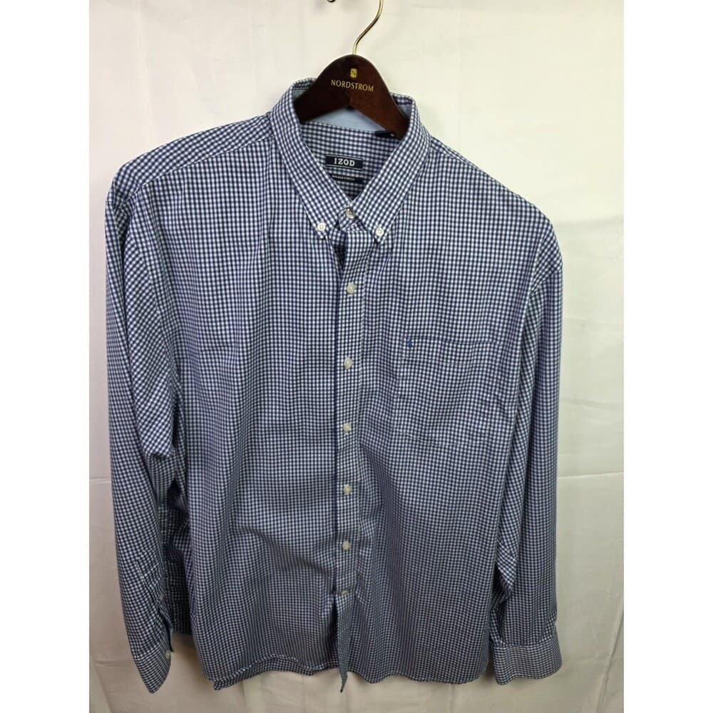 IZOD Men's XL Blue/White Gingham Regular Fit Long Sleeve Button Up‎ Shirt - Thumbnail 4