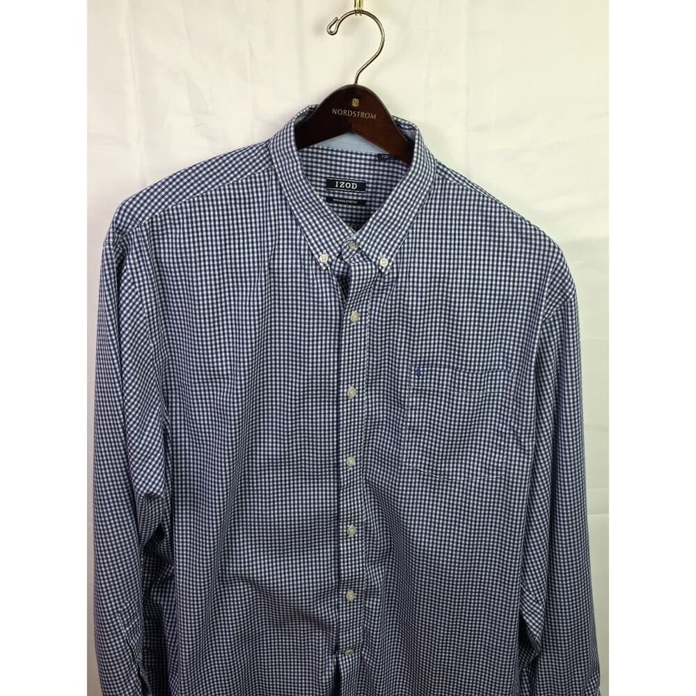 IZOD Men's XL Blue/White Gingham Regular Fit Long Sleeve Button Up‎ Shirt - Thumbnail 3