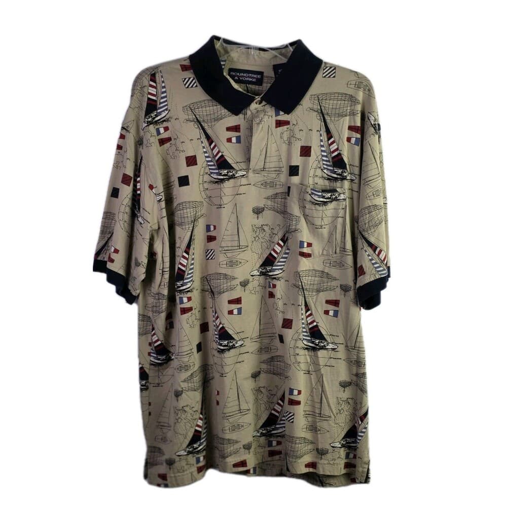Roundtree & York Mens Tan XLT Tall Nautical Print Short Sleeve Shirt - Thumbnail 3