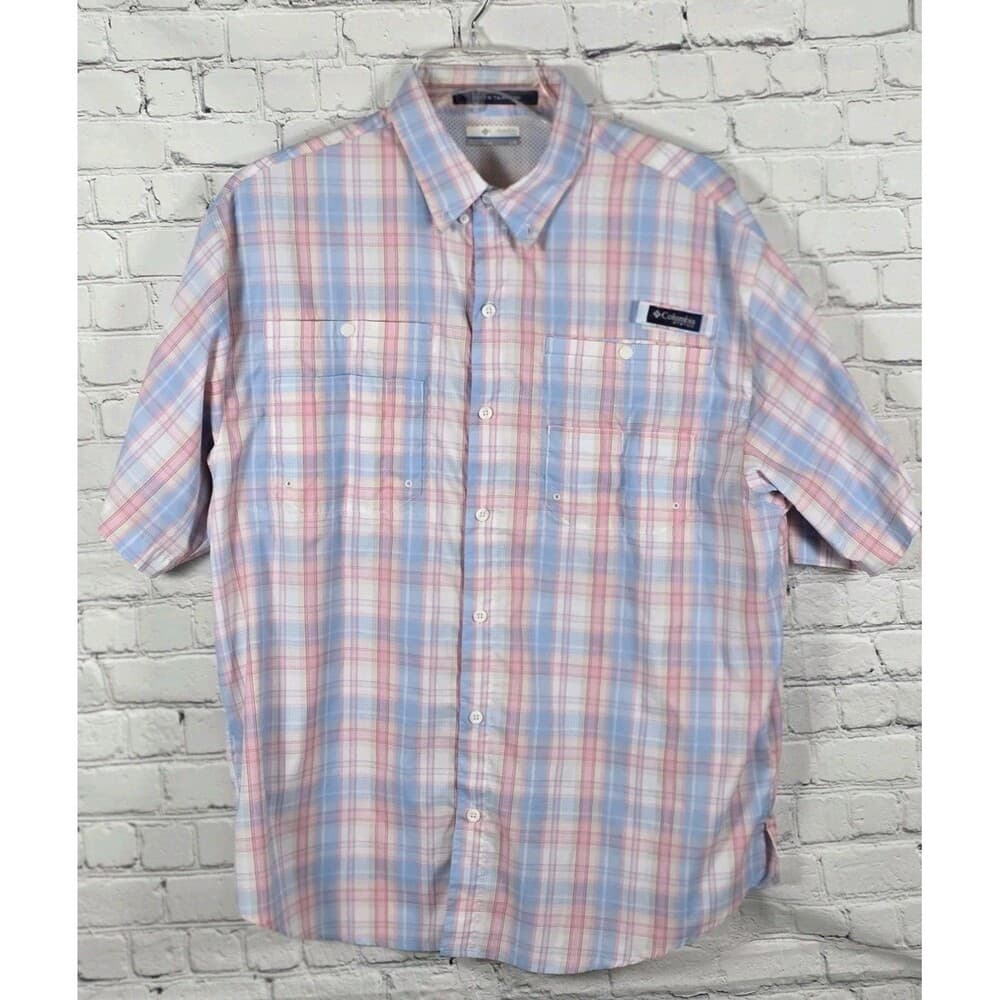 Columbia Super Tamiami Men's XL Blue & Pink Checkered Short Sleeve Fishing Shirt - Thumbnail 12