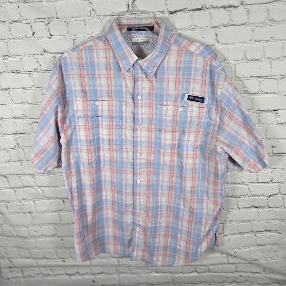 Columbia Super Tamiami Men's XL Blue & Pink Checkered Short Sleeve Fishing Shirt - Thumbnail 2