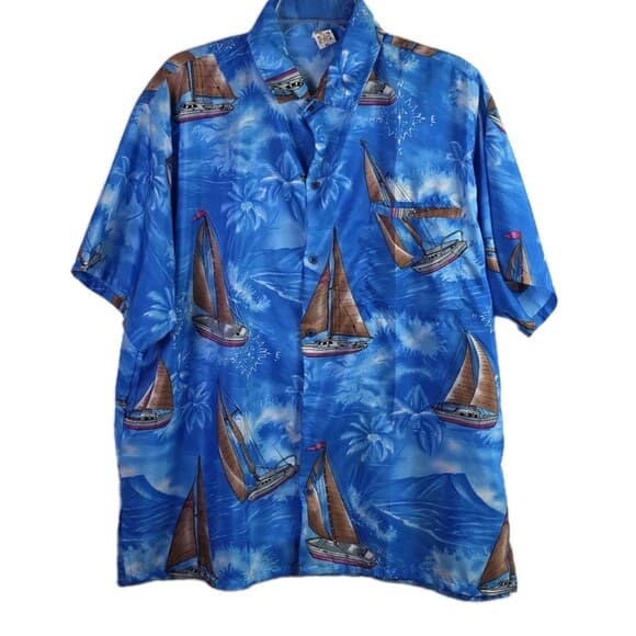 Creations Men's XL Blue Hawaiian Short Sleeve Button Down Shirt - Thumbnail 10