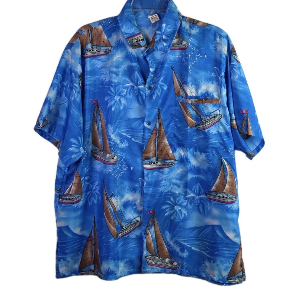 Creations Men's XL Blue Hawaiian Short Sleeve Button Down Shirt - Thumbnail 9