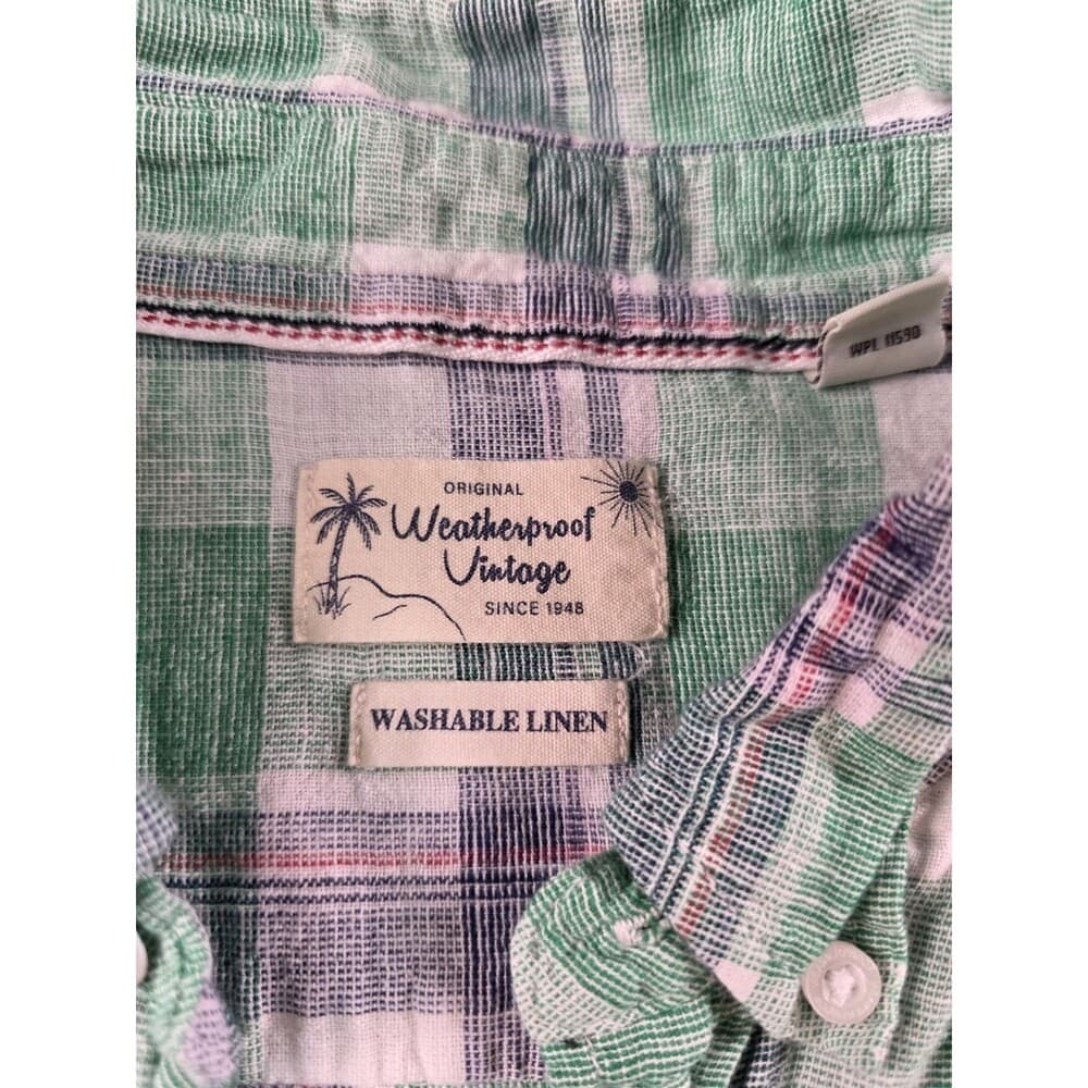 Weatherproof Vintage Men's XL Washable Linen Button Up Plaid‎ Short Sleeve Shirt