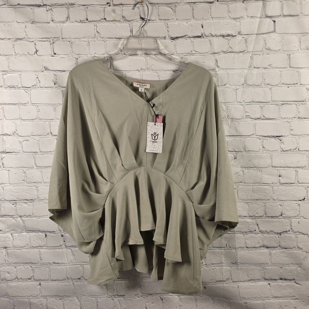 Andree By Unit Women Medium Olive Green V-Neck 3/4 Sleeve Blouse