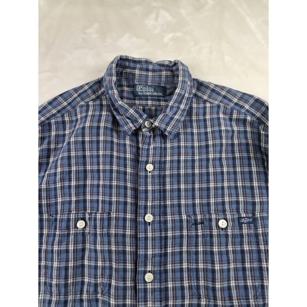 Polo Ralph Lauren Men's XL Blue Check Cotton & Linen Long Sleeve‎ Casual Shirt - Thumbnail 7