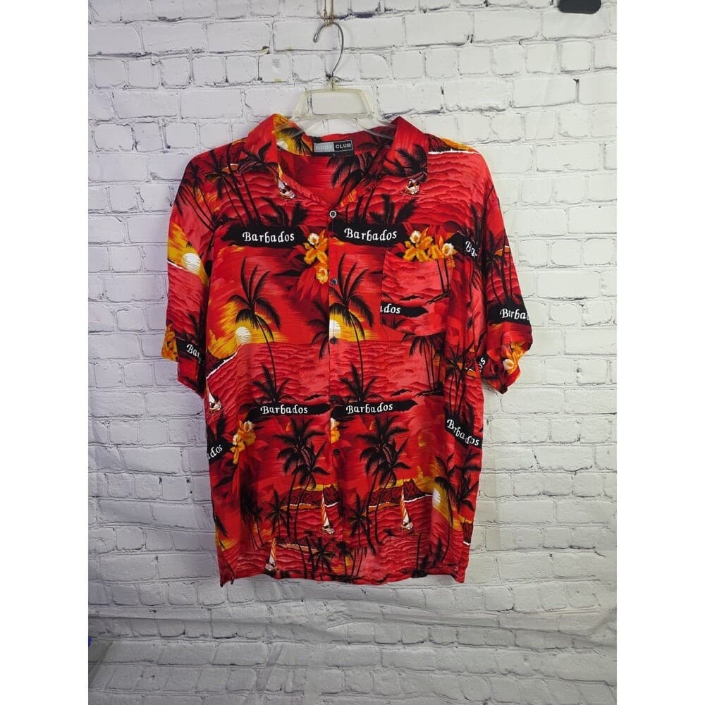 Body Club Men's Men's Large Red Hawaiian Aloha Button Up Tropical Shirt - Thumbnail 7