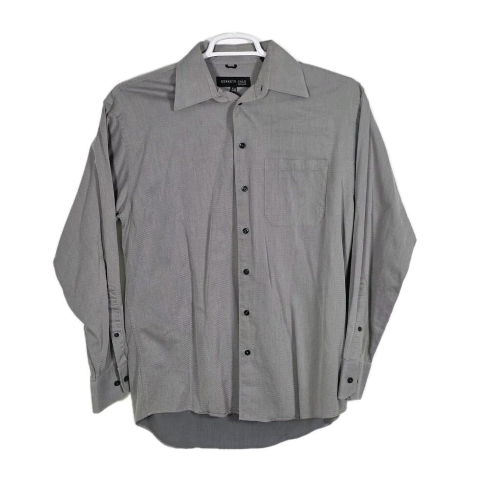Kenneth Cole Men's Gray Grey 15 1/2 -34-35 Long Sleeve‎ Button Up Shirt - Thumbnail 8