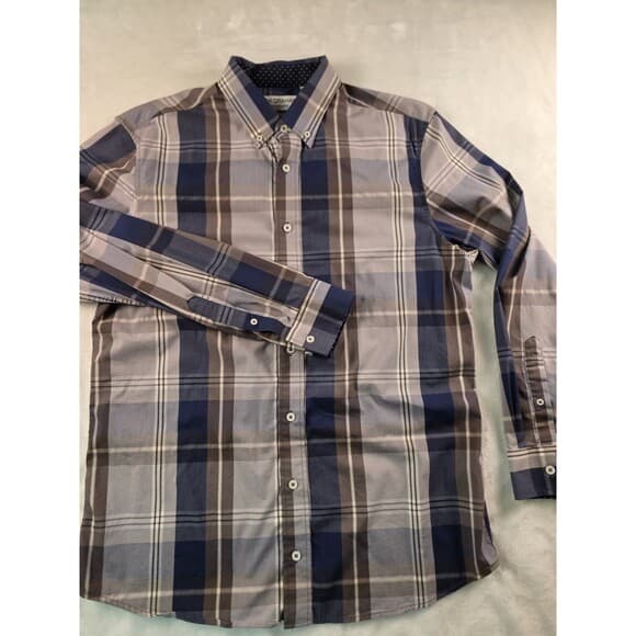Nick Graham Men's Large Stretch‎ Modern Fit Blue Plaid Long Sleeve Shirt - Thumbnail 7