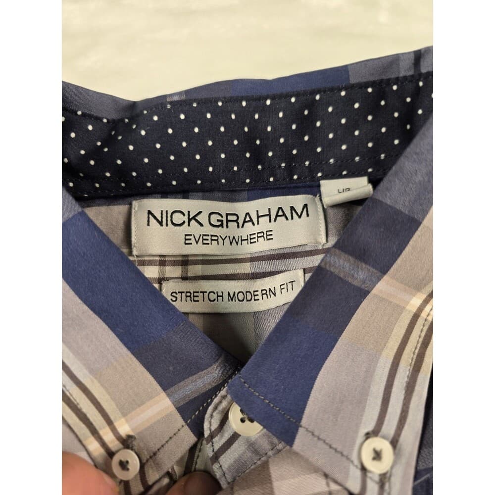 Nick Graham Men's Large Stretch‎ Modern Fit Blue Plaid Long Sleeve Shirt - Thumbnail 2