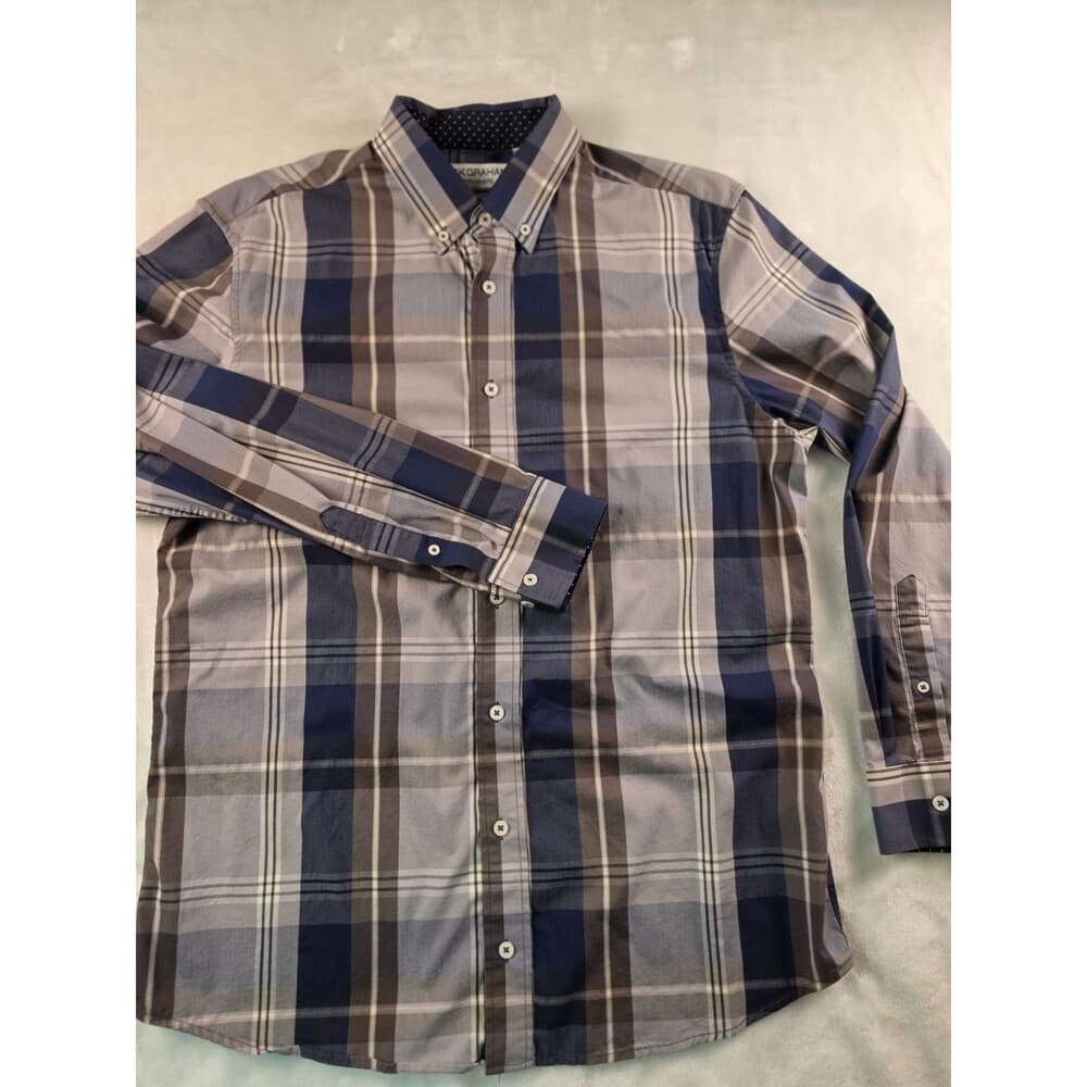 Nick Graham Men's Large Stretch‎ Modern Fit Blue Plaid Long Sleeve Shirt - Thumbnail 6