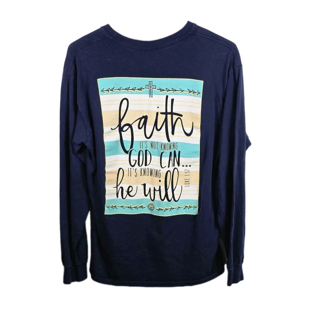 Girly Girl Originals Women's Medium Blue " Faith Not‎ Knowing" Long Sleeve Shirt - Thumbnail 4