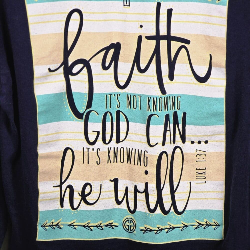 Girly Girl Originals Women's Medium Blue " Faith Not‎ Knowing" Long Sleeve Shirt - Thumbnail 3