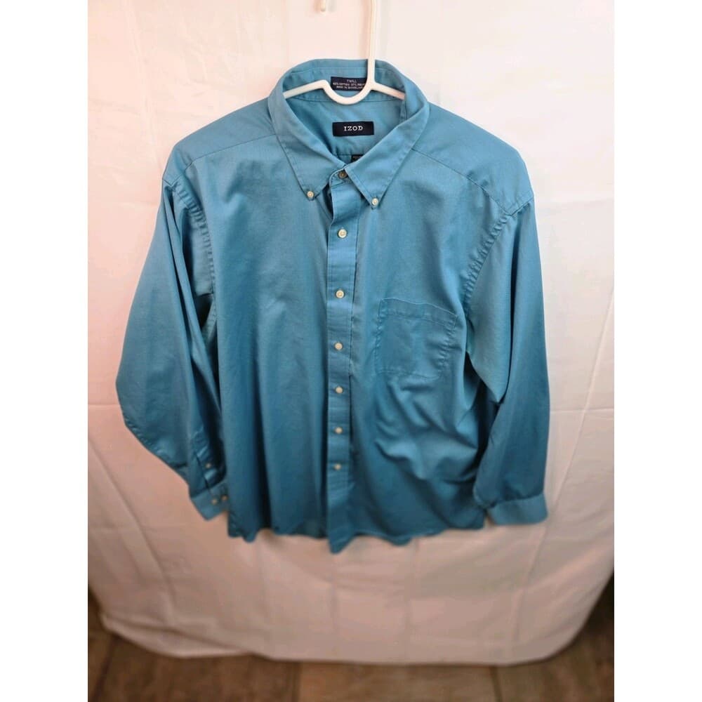 Izod Men's Large 17 34/35 Teal Regular‎ Fit Long Sleeve Button Up Shirt - Thumbnail 8
