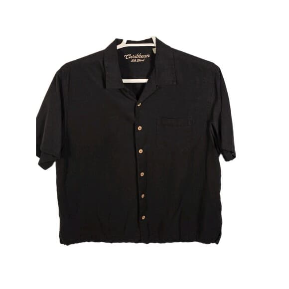 Caribbean Brand Men's Large 70% Silk -30% Cotton Black Button-Down Shirt‎ - Thumbnail 10