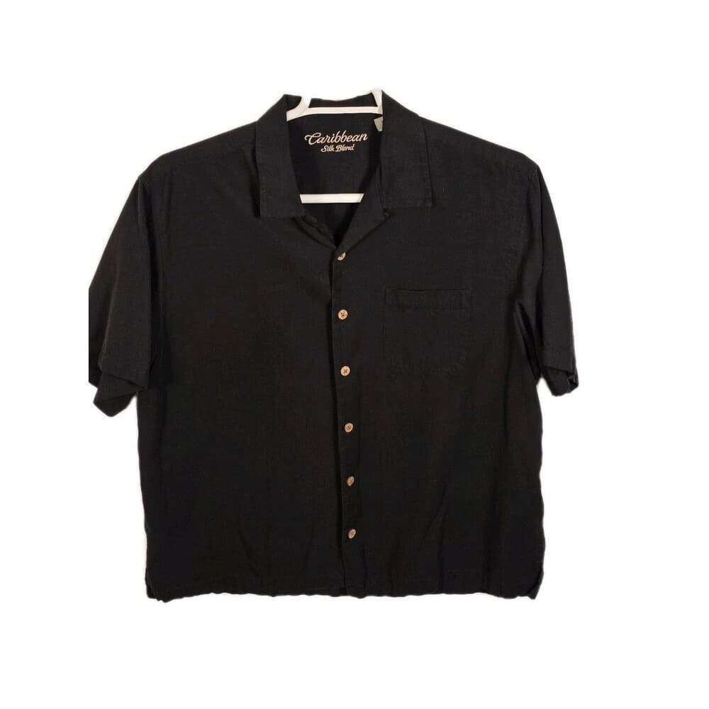 Caribbean Brand Men's Large 70% Silk -30% Cotton Black Button-Down Shirt‎ - Thumbnail 9