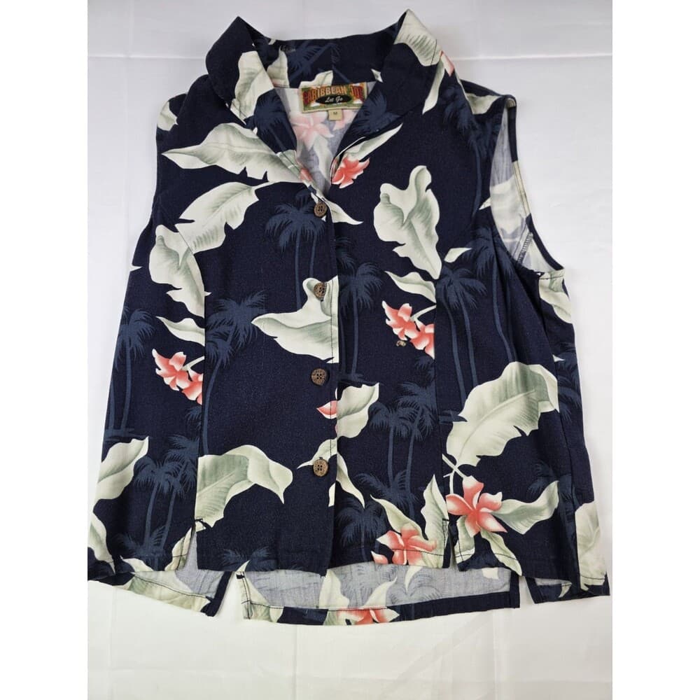 Caribbean Joe Women’s Medium Black Floral‎ Hawaiian Collared Button Blouse - Thumbnail 7