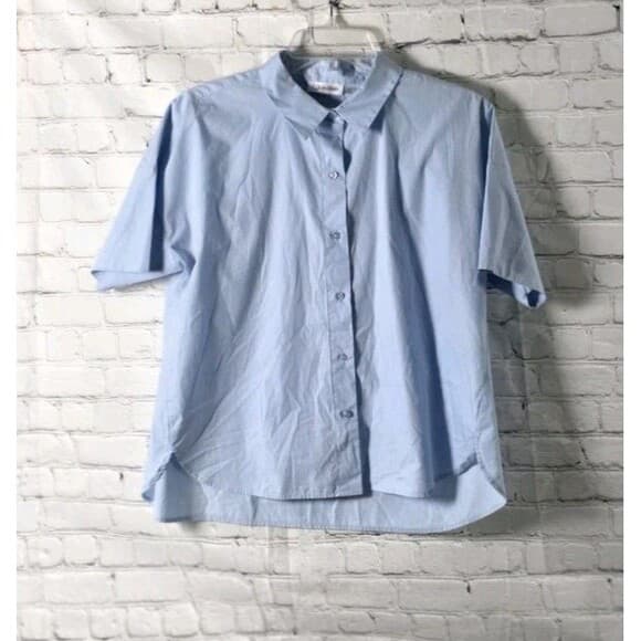 Calvin Klein Women's Small Blue Cotton Stretch Button Up Short Sleeve Shirt - Thumbnail 10