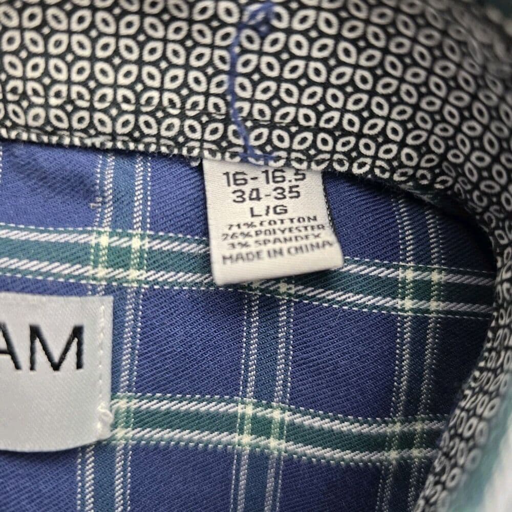 Nick‎ Graham Men's Large Blue with Green White Plaid Button Up Shirt * FLAWED* - Thumbnail 3