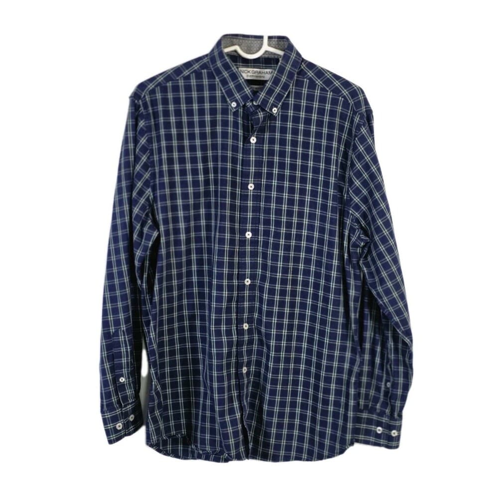 Nick‎ Graham Men's Large Blue with Green White Plaid Button Up Shirt * FLAWED* - Thumbnail 7