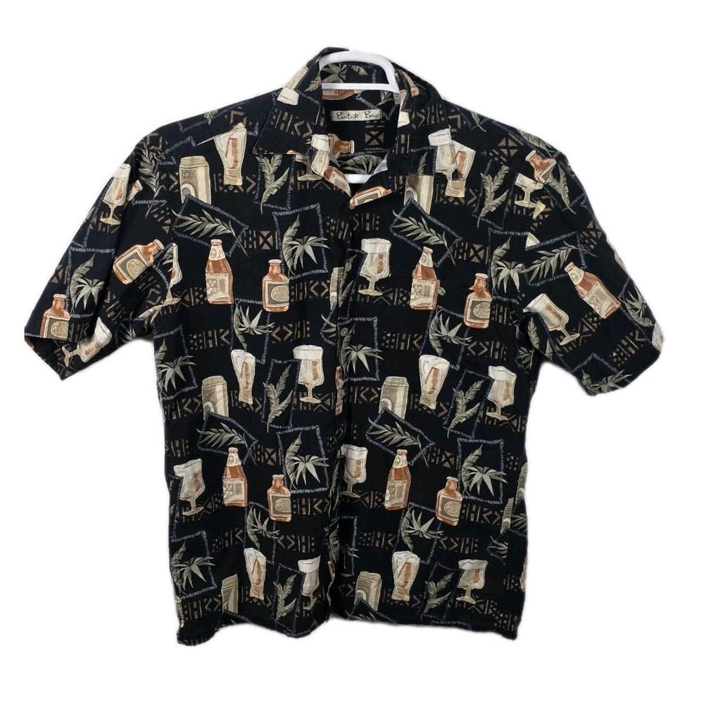 Batik Bay‎ Medium Black Beer Bottles Floral Hawaiian Short Sleeve Shirt - Thumbnail 9