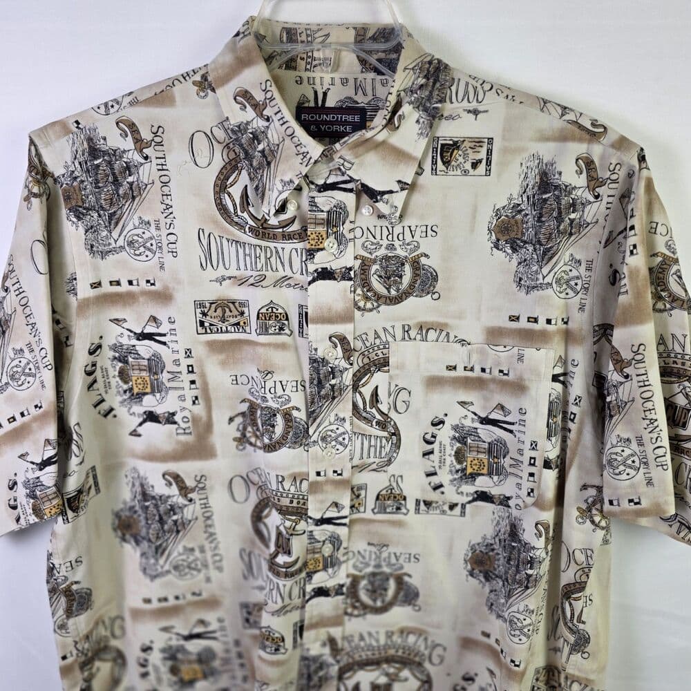 Vtg Roundtree & York Men's Medium Nautical Ocean Short Sleeve Button Down Shirt - Thumbnail 2